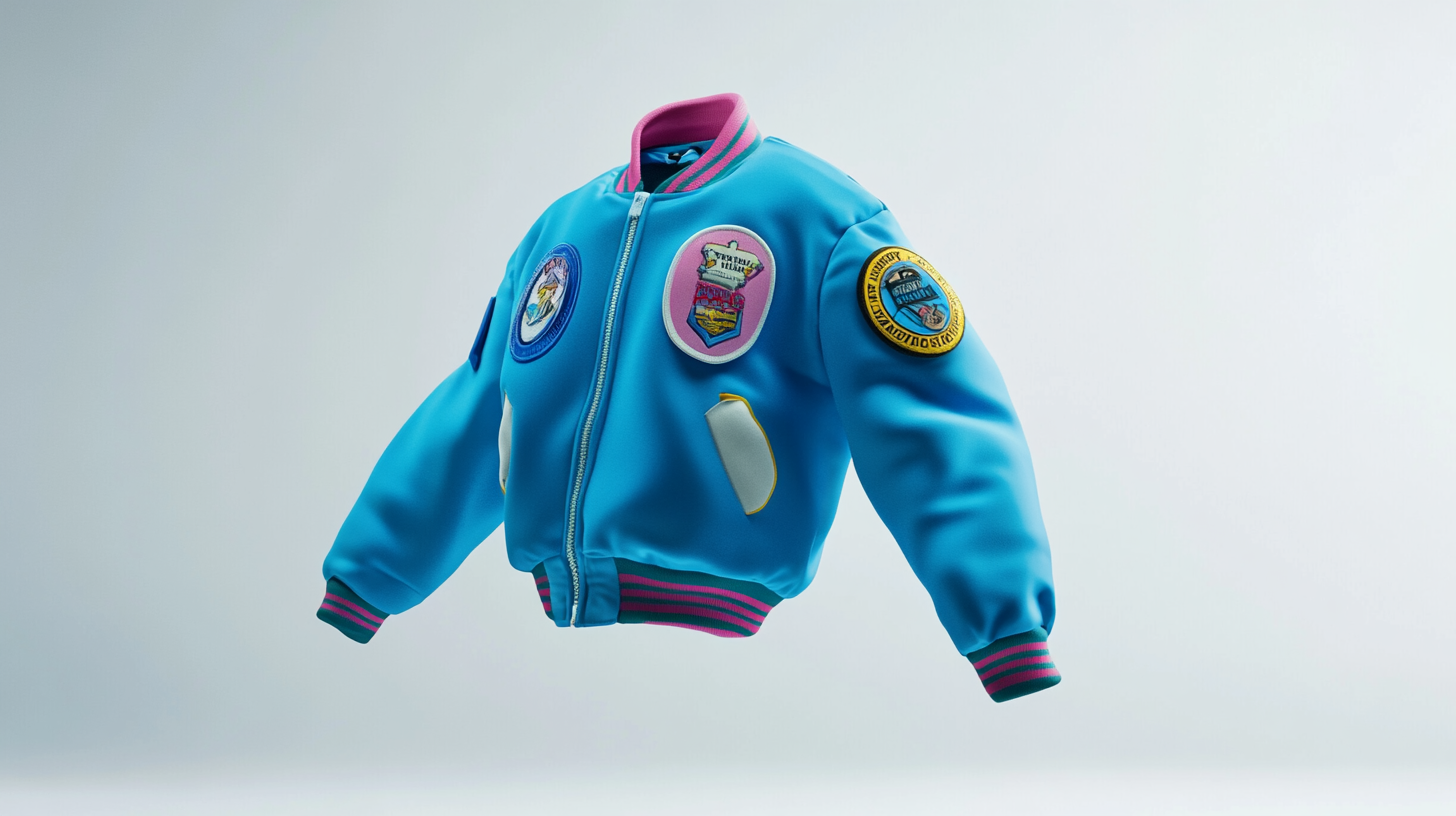 A blue Nike baseball jacket with colorful badges