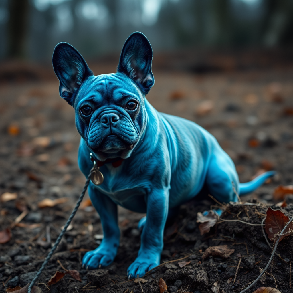 A blue dog in the park.