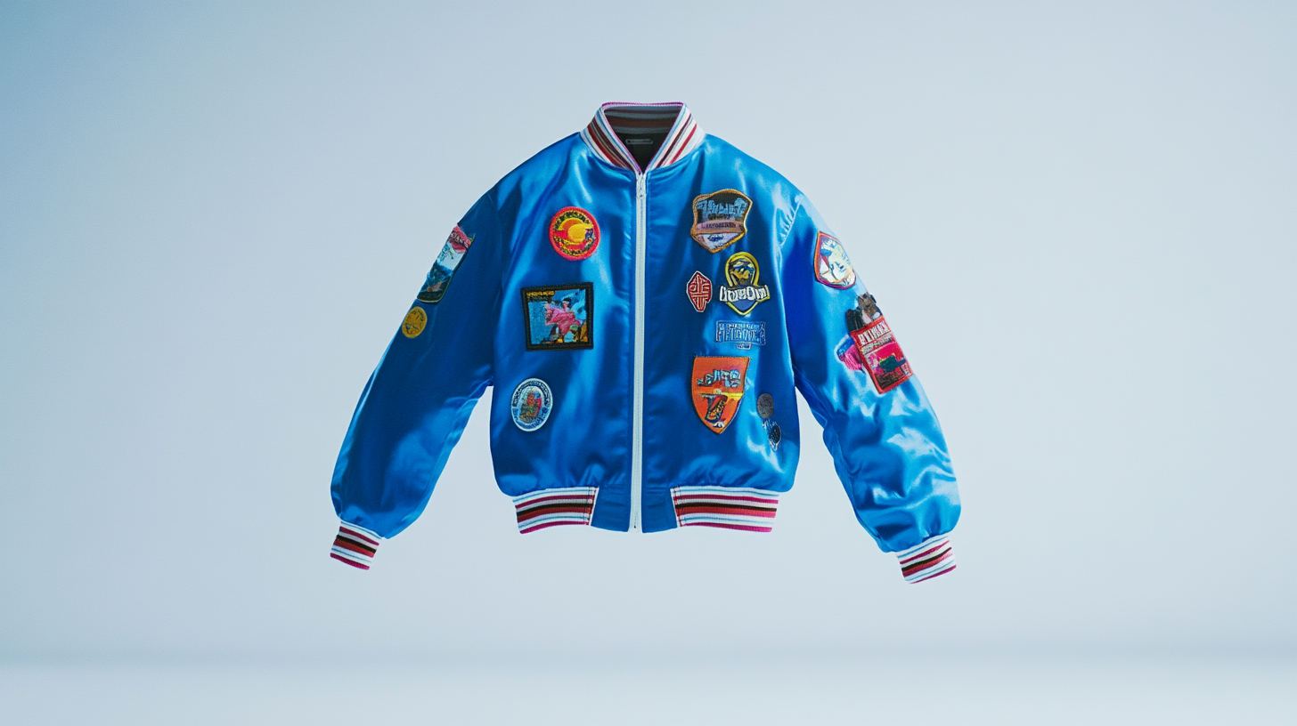 A blue jacket with colorful badges floating