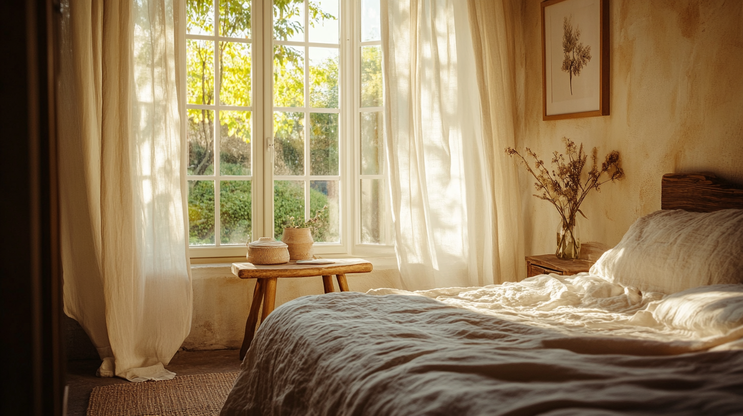 A bohemian chic bedroom with a cozy corner bed