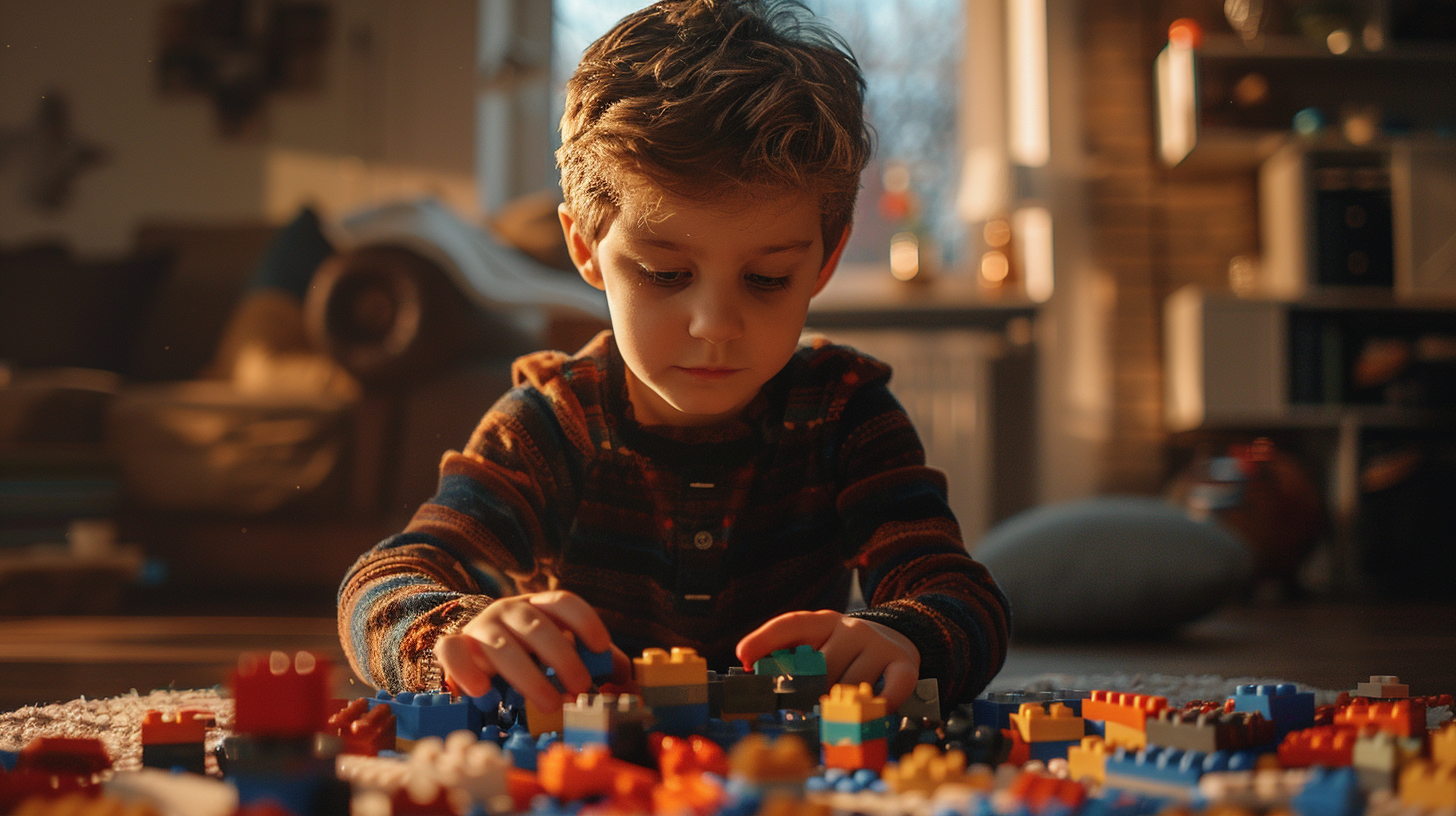 A boy building a Lego space station