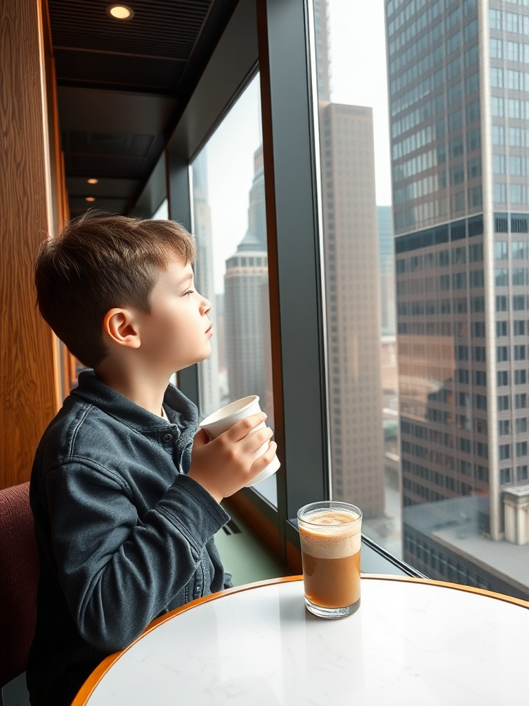 A boy drinks coffee and looks out window.