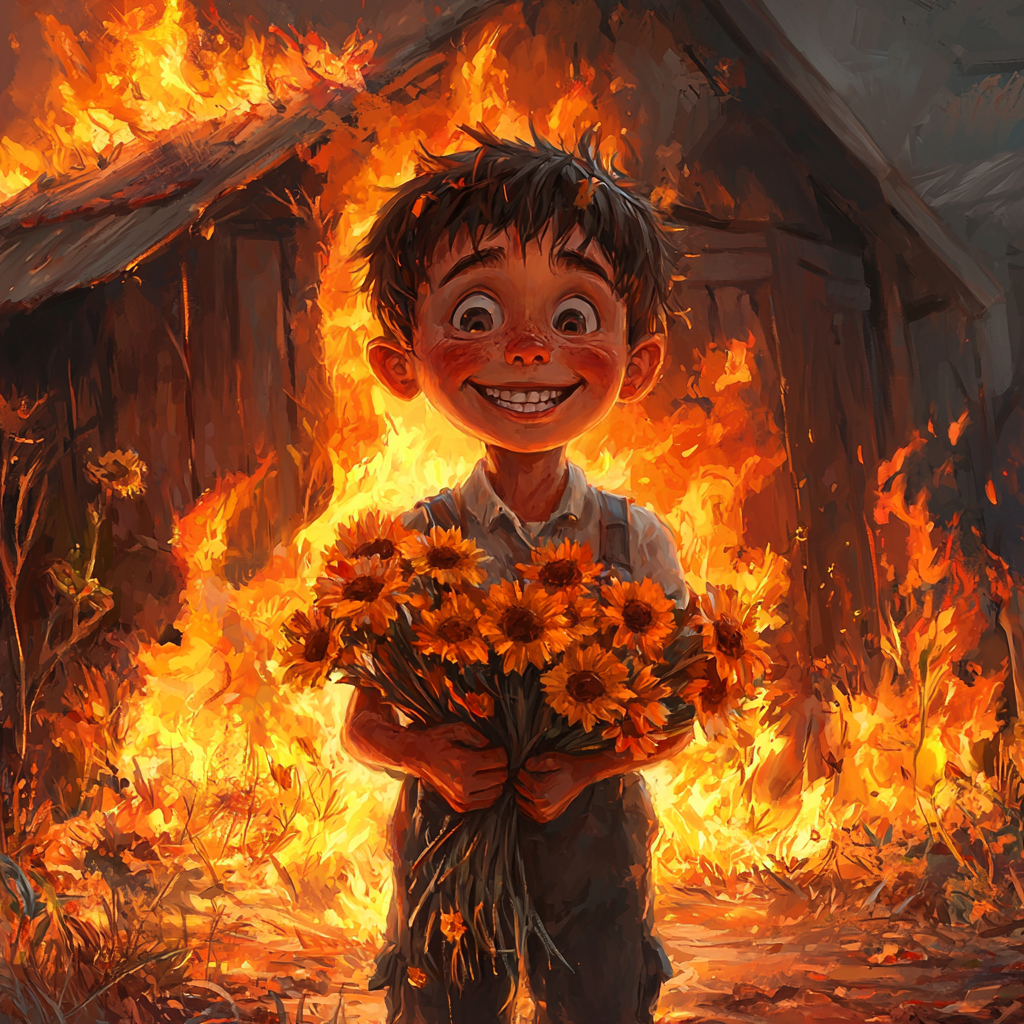 A boy grinning with burnt flowers, shed on fire.