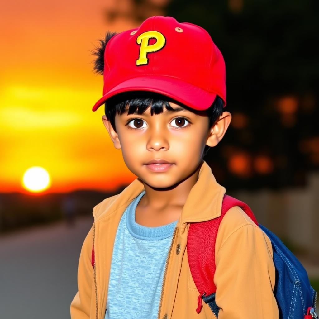 A boy in casual outfit on journey at sunset.