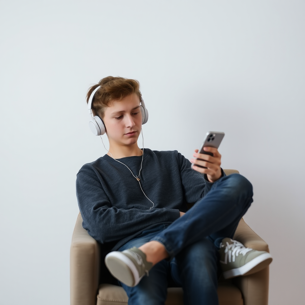 A boy in headphones looks at phone screen.