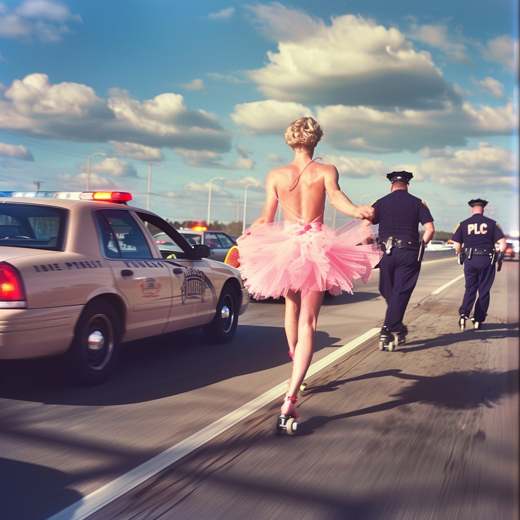 A boy in pink tutu rollerskates evades police