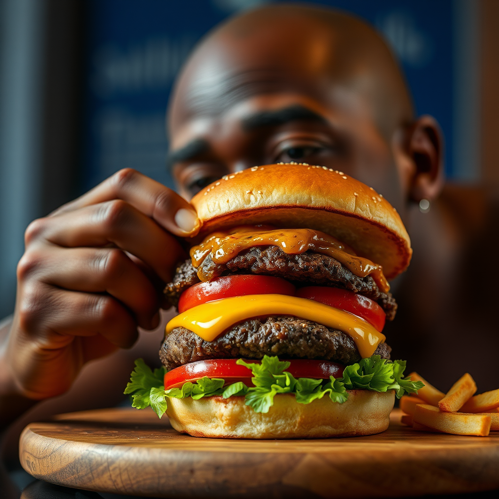 A boy is eating a hamburger.