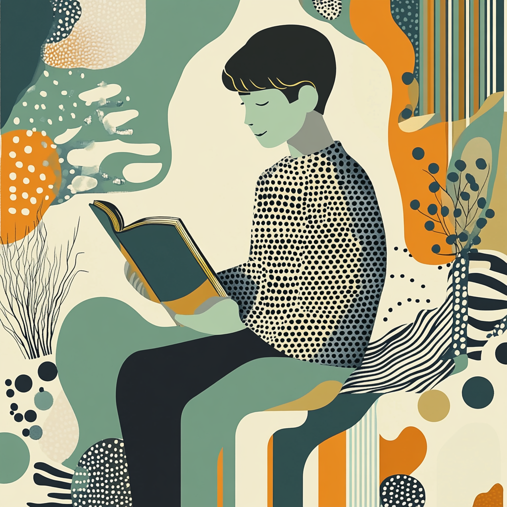 A boy reading a book illustration