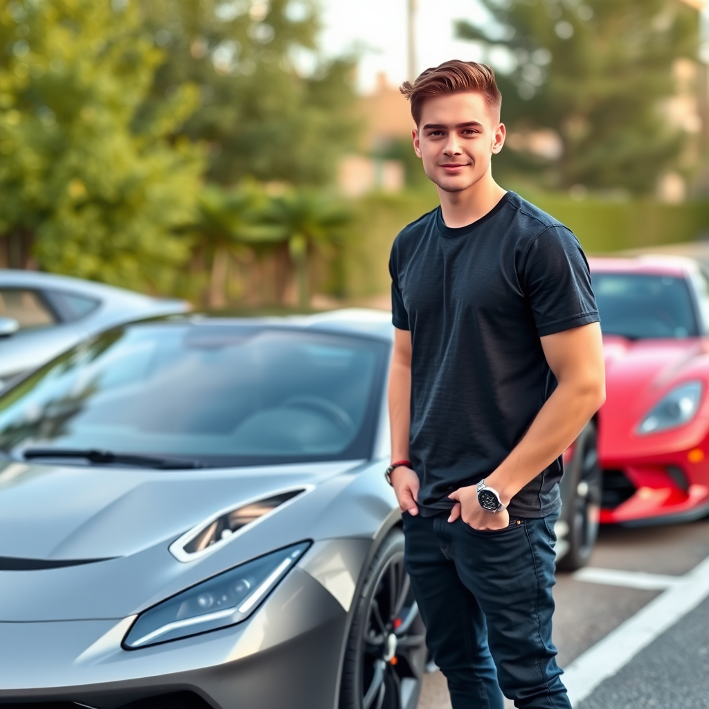 A boy standing by a fancy sports car.