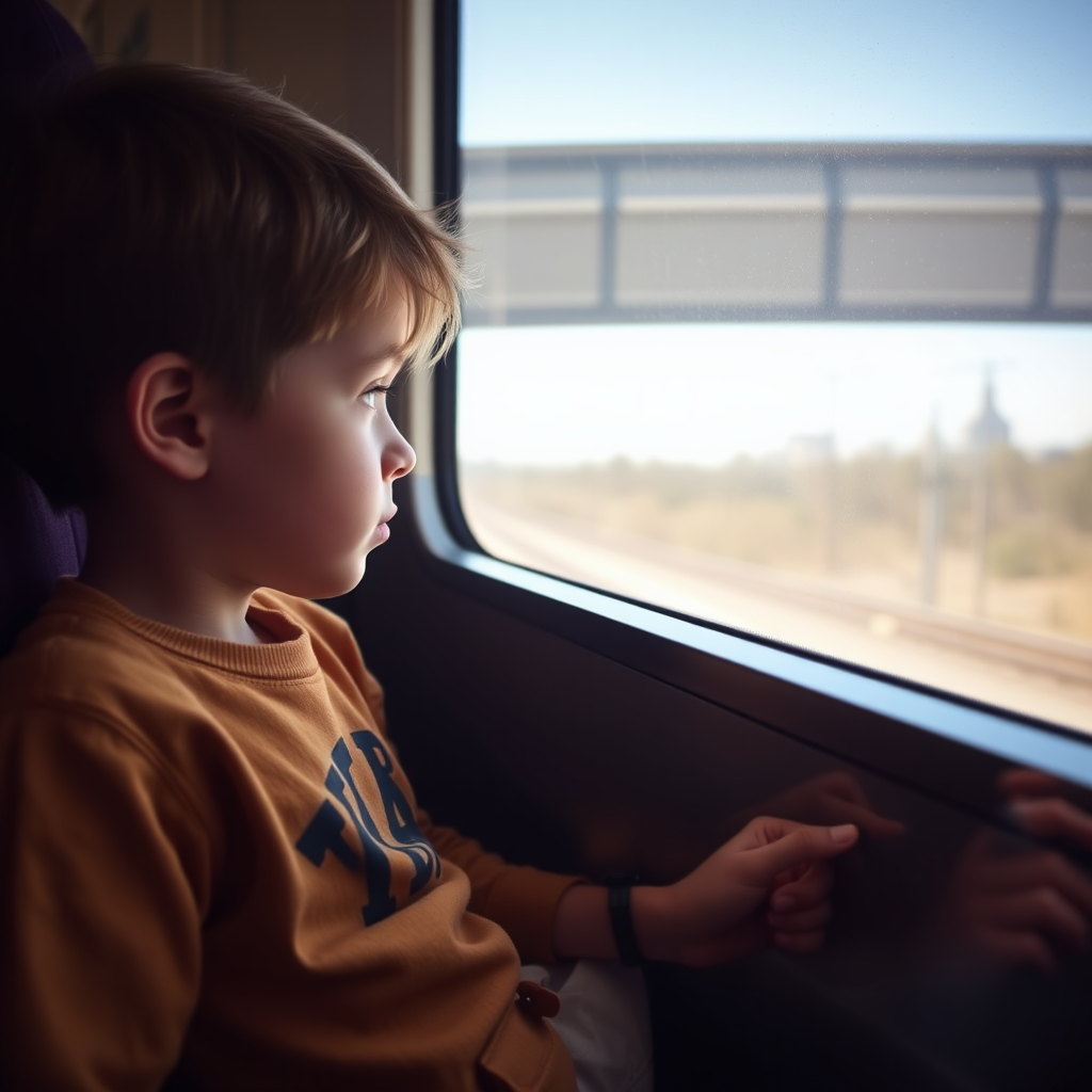 A boy stares out train window thoughtfully.