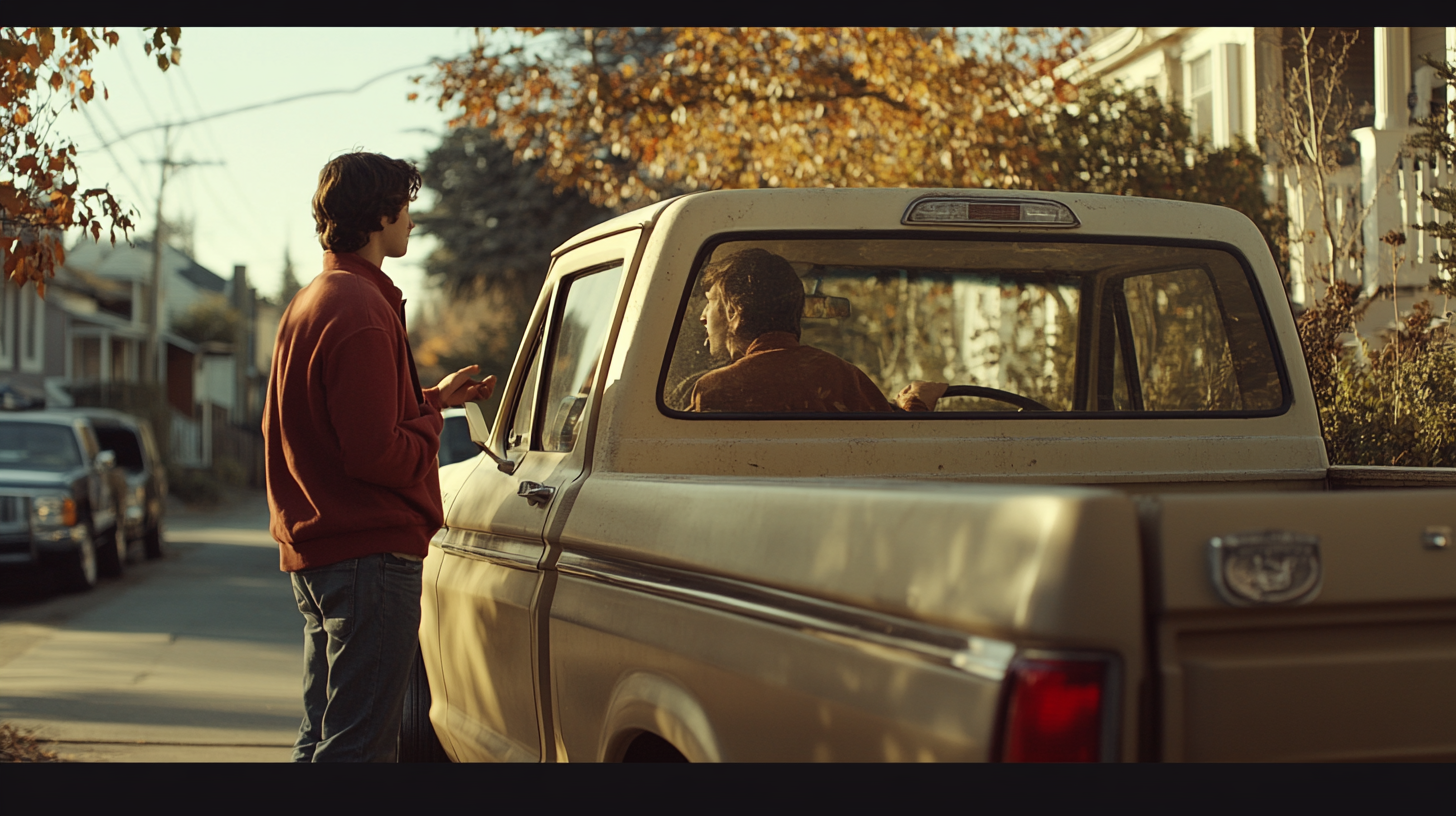 A boy talks to a man by a truck.