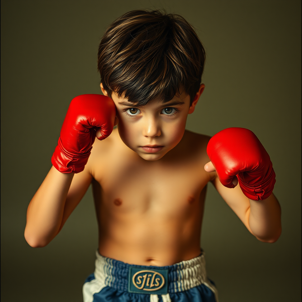 A boy wearing blue boxer shorts is standing.