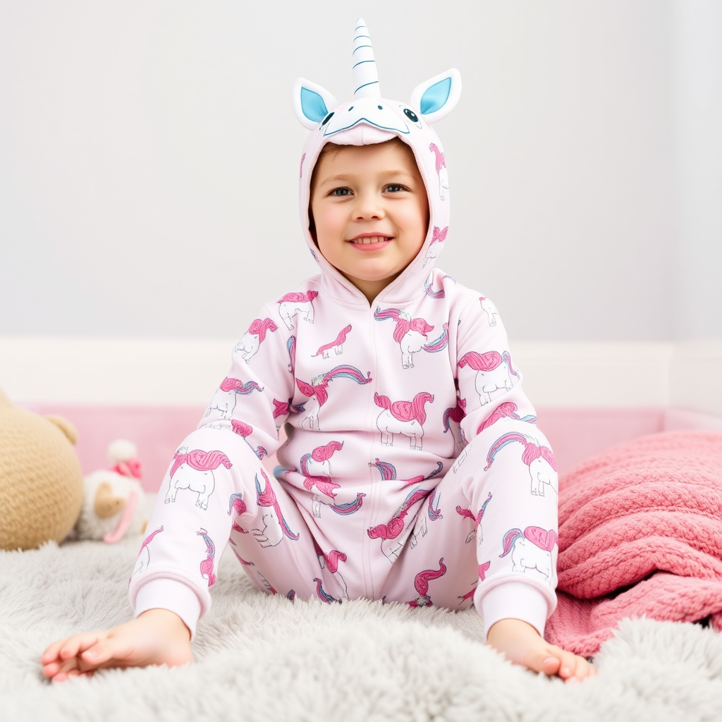 A boy wearing unicorn pajamas.