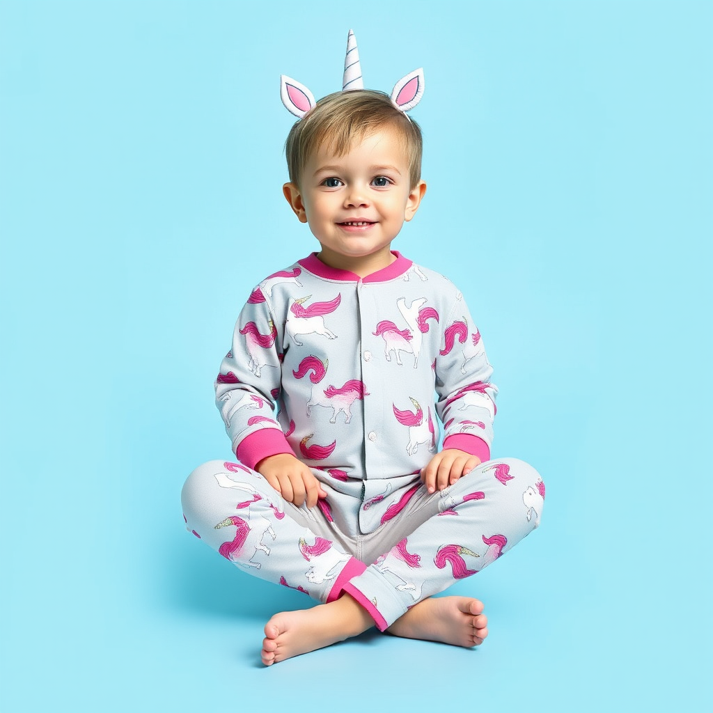 A boy wearing unicorn pajamas.