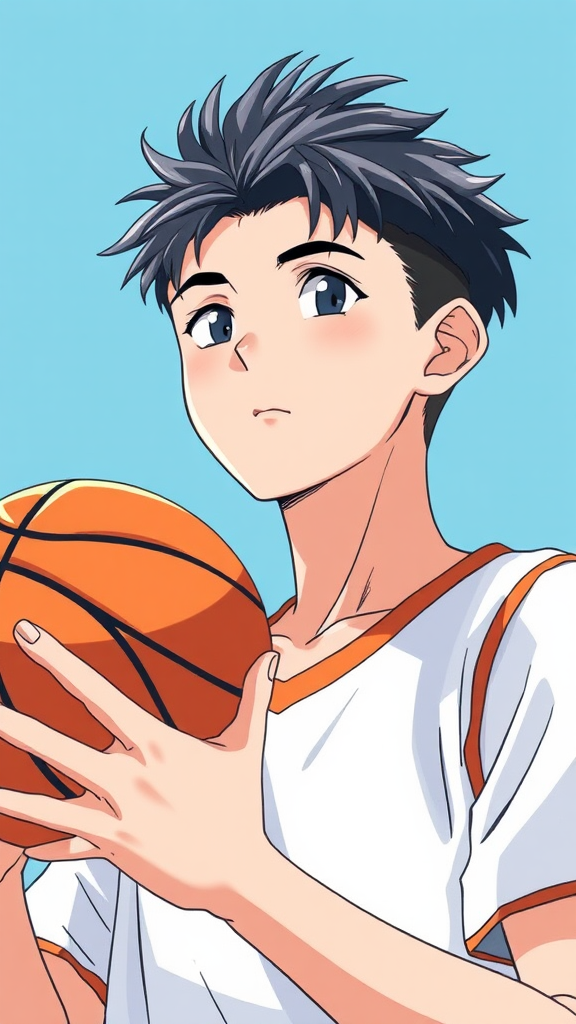 A boy with basketball in anime style scene.