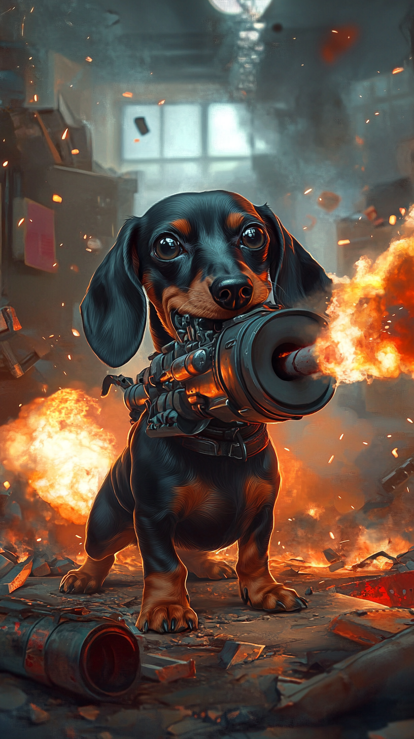 A brave dachshund with weapon in office destruction