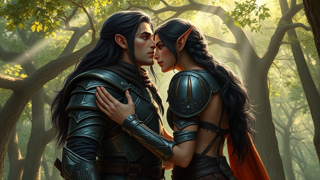 A brave elf warrior almost kissing female elf.