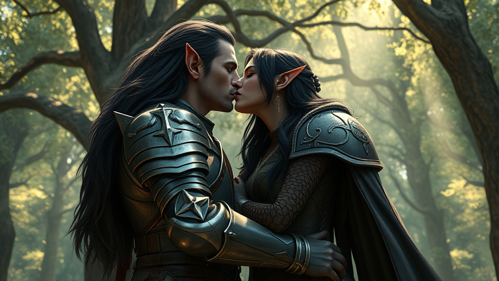 A brave warrior elf kisses female elf in forest.