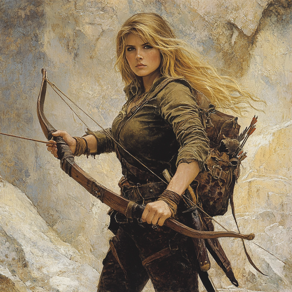 A brave woman adventurer with bow ready.