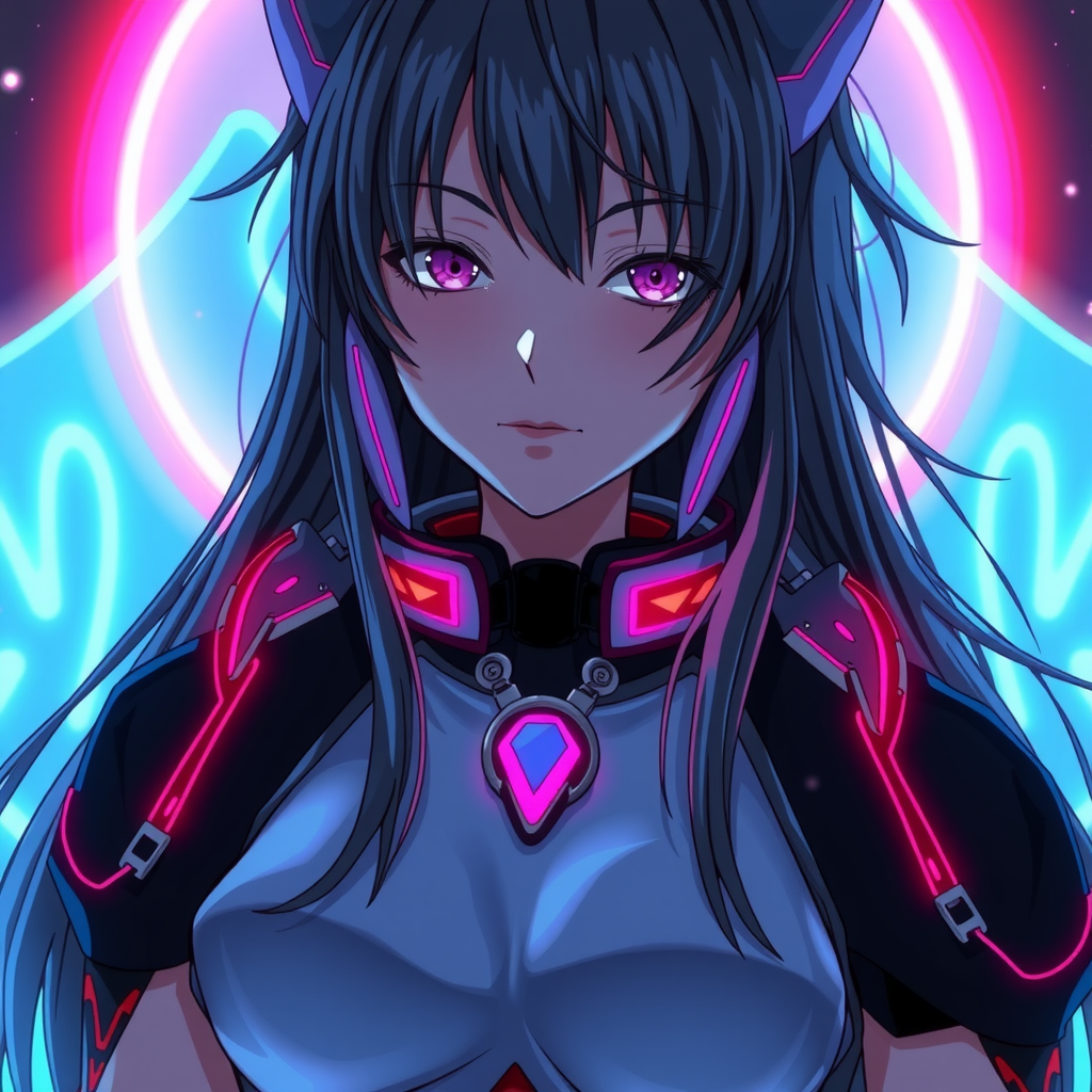 A bright neon picture of Rei from Evangelion.