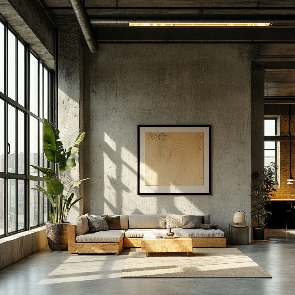 A bright spacious loft filled with plants and art.