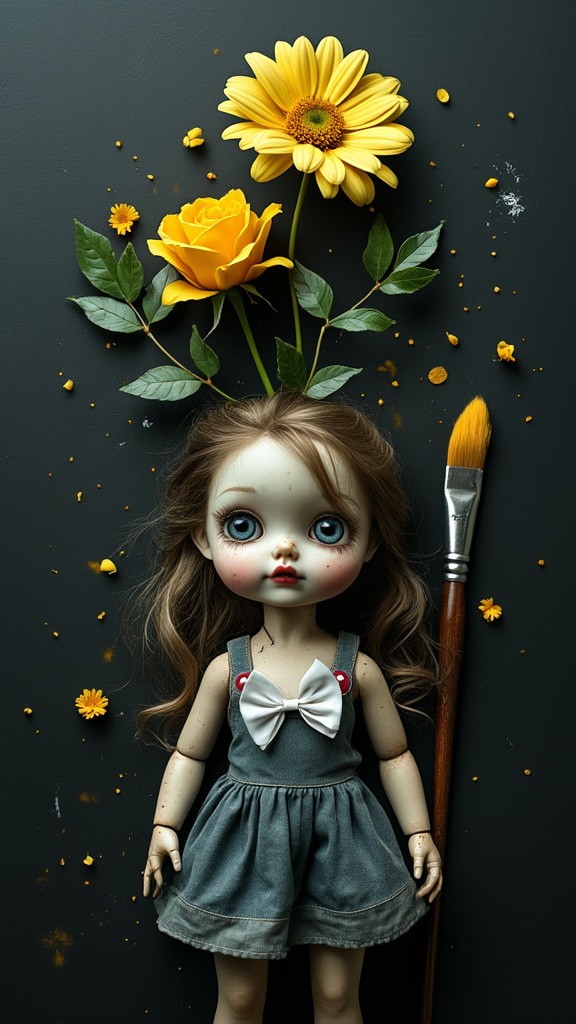 A broken doll with flowers and paint splatters.