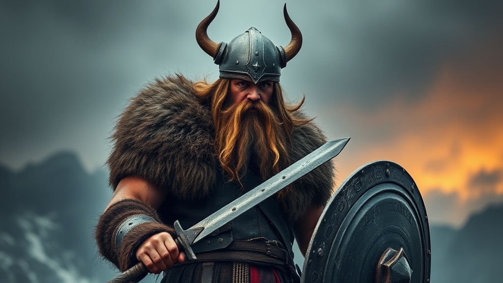 A brown Viking warrior in his armor.