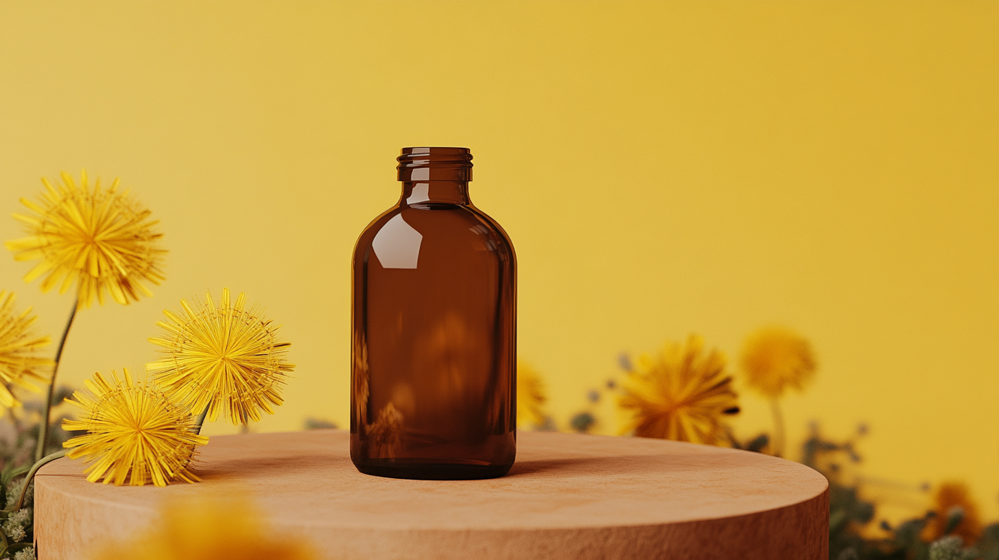 A brown bottle on a yellow background