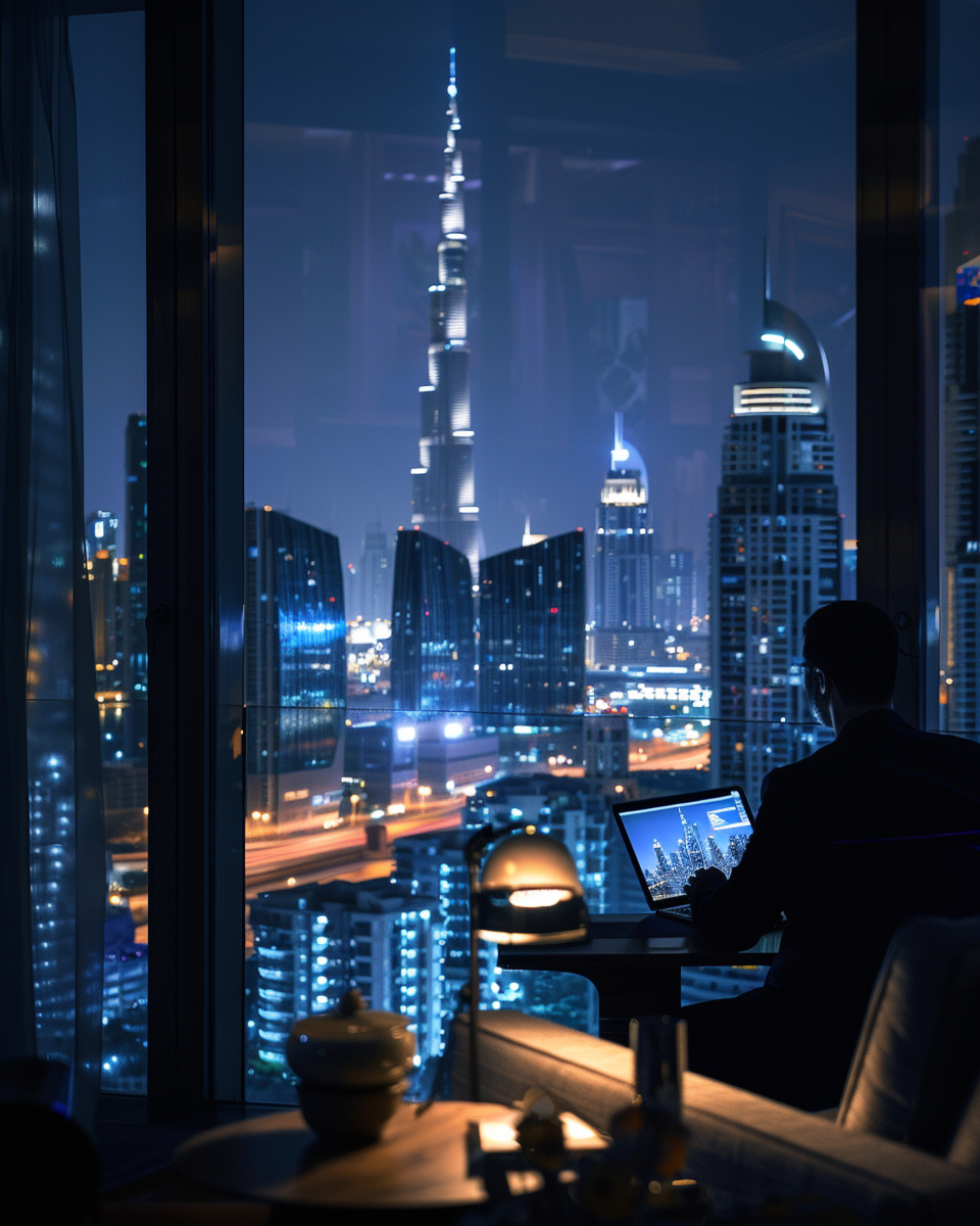 A business traveler in luxurious hotel at Dubai