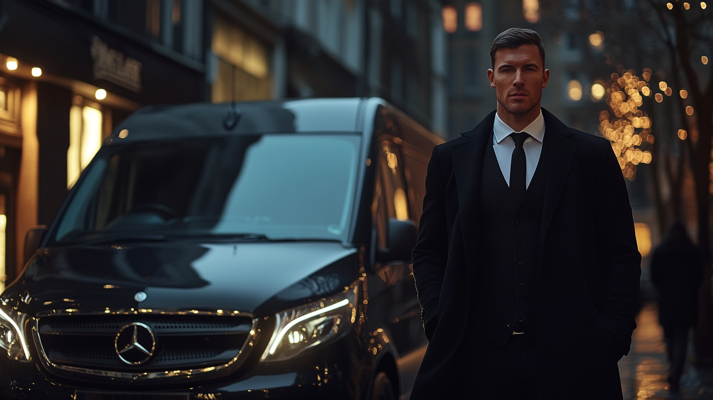 A businessman in black suit waiting by black Mercedes