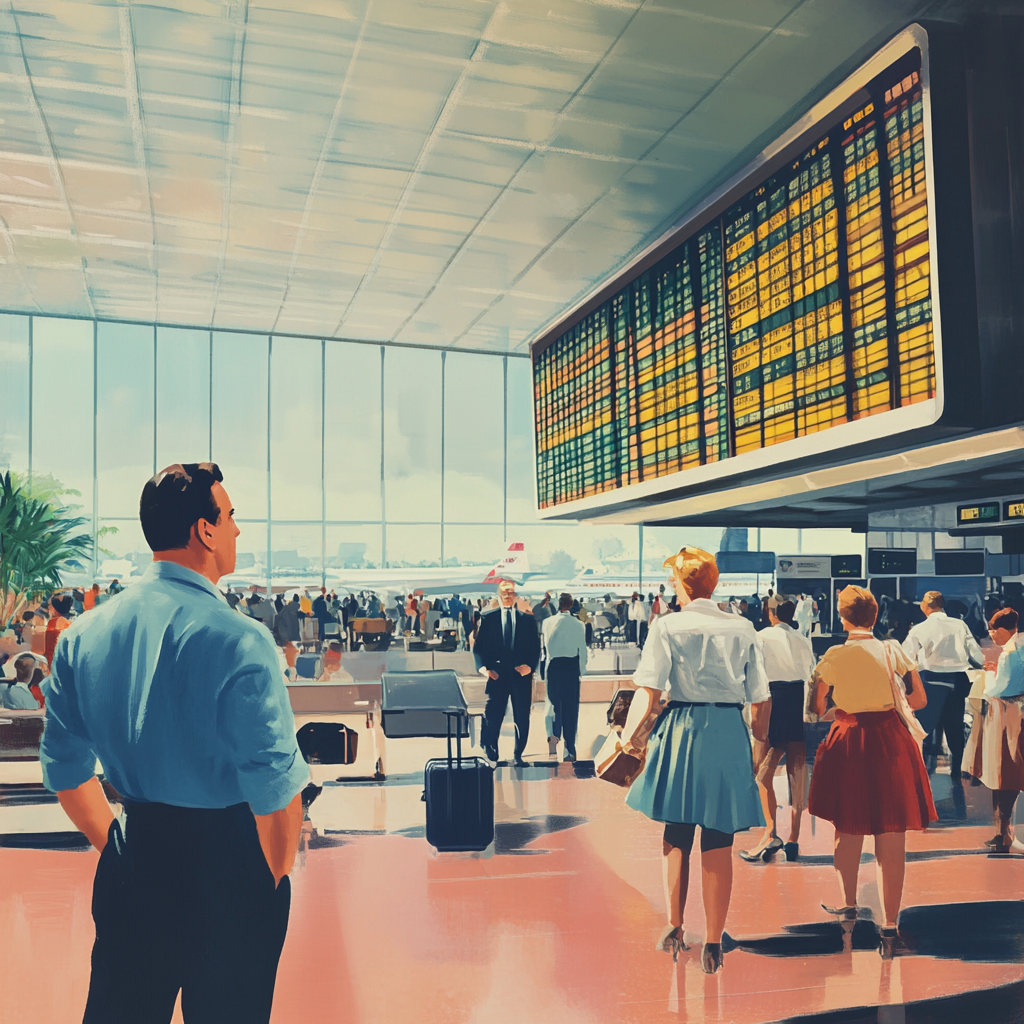 A busy airport terminal with a confident man