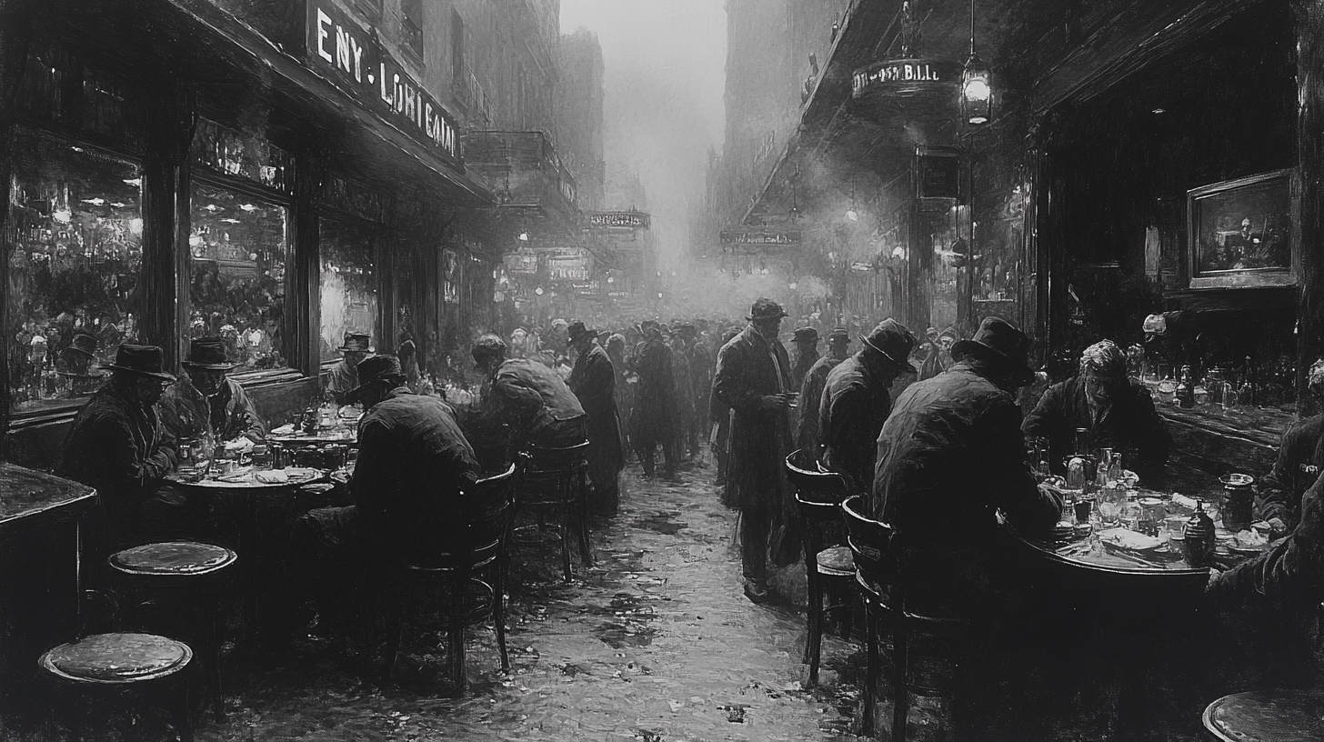 A busy saloon in Winter 1905 Italy