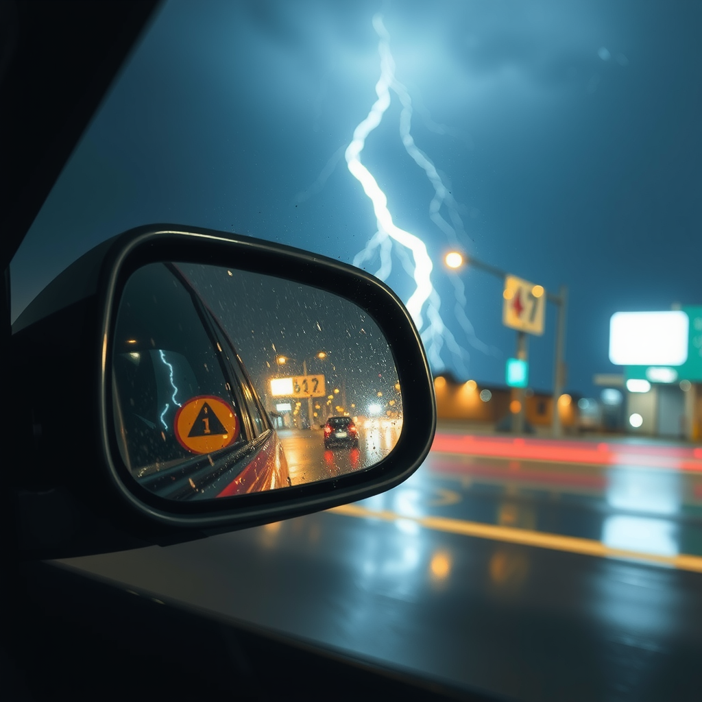 A car reflected in mirror on rainy night