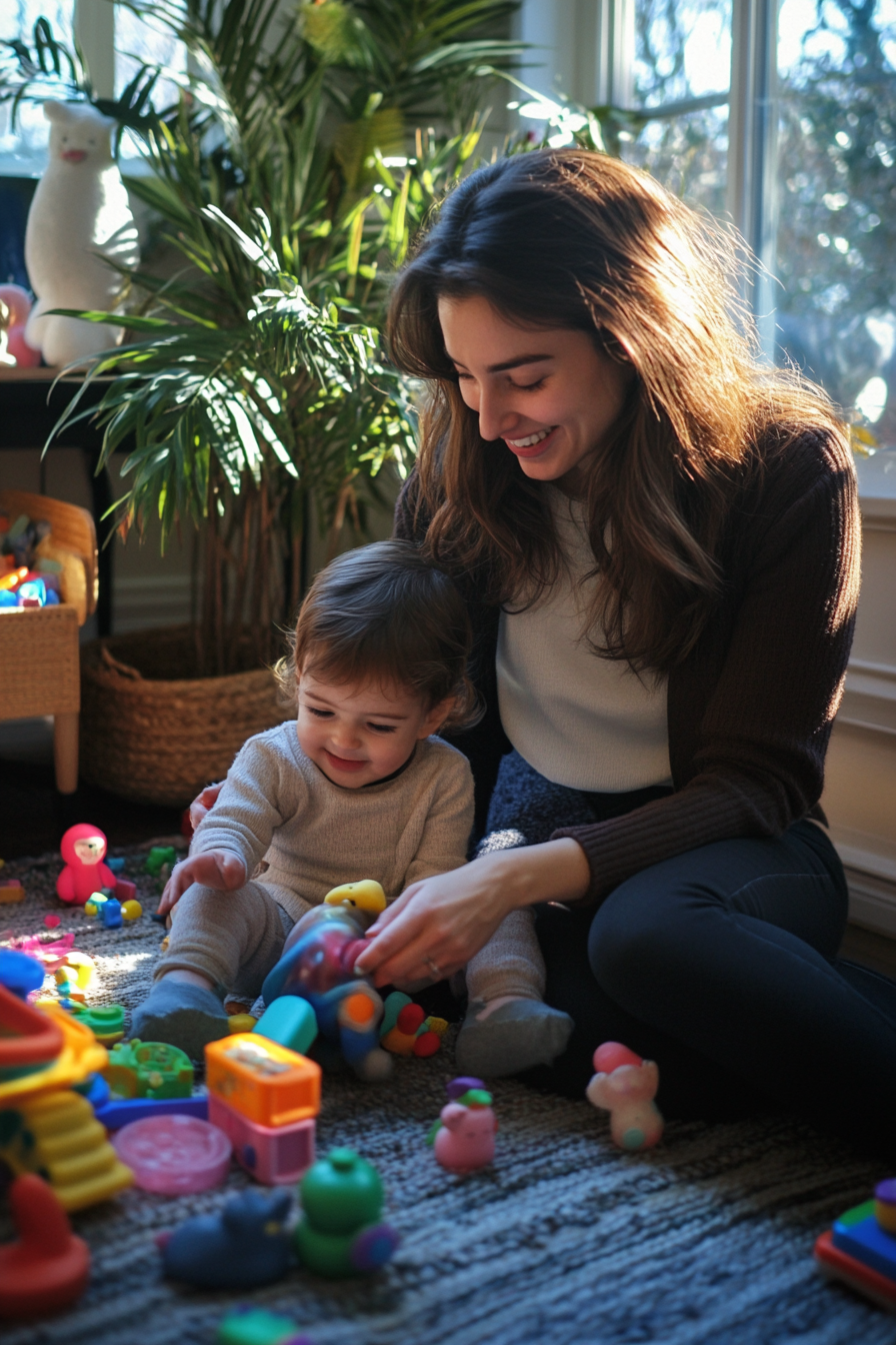 A caring mother playing with child, toys around