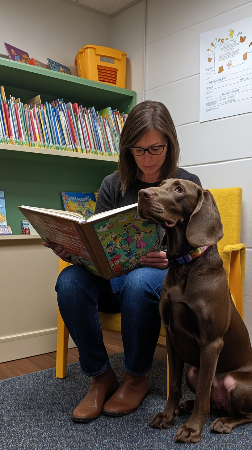 A caring woman reads children's book in class