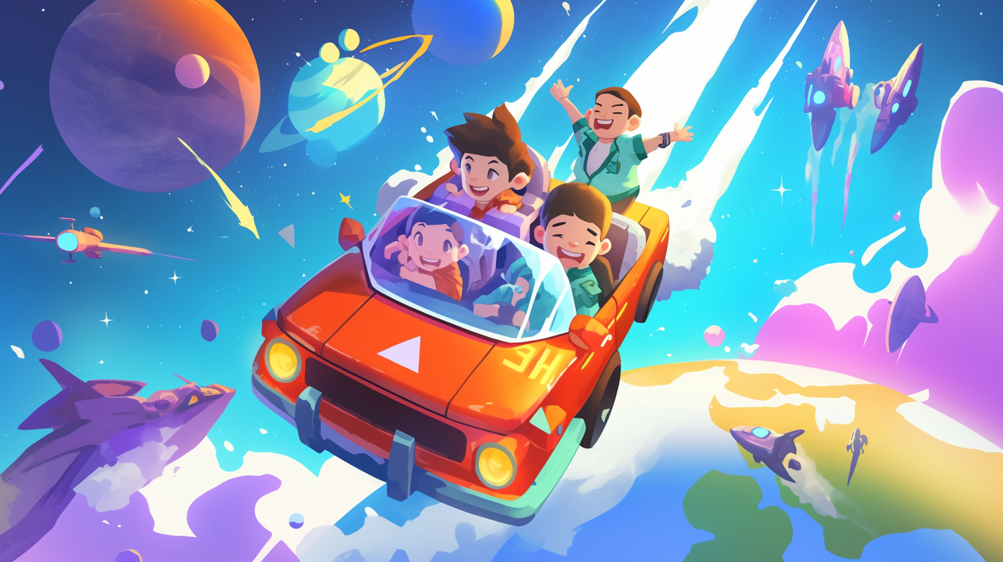 A cartoon car with characters travels through space