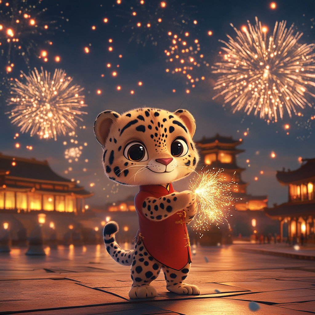 A cartoon cheetah playing fireworks on Chinese New Year