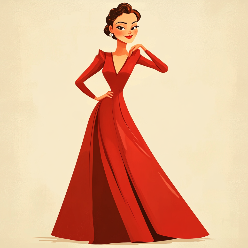 A cartoon woman in red dress