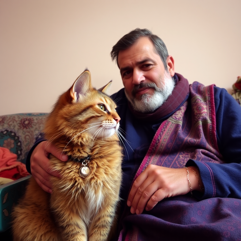 A cat and Nader Afshar in a photo.