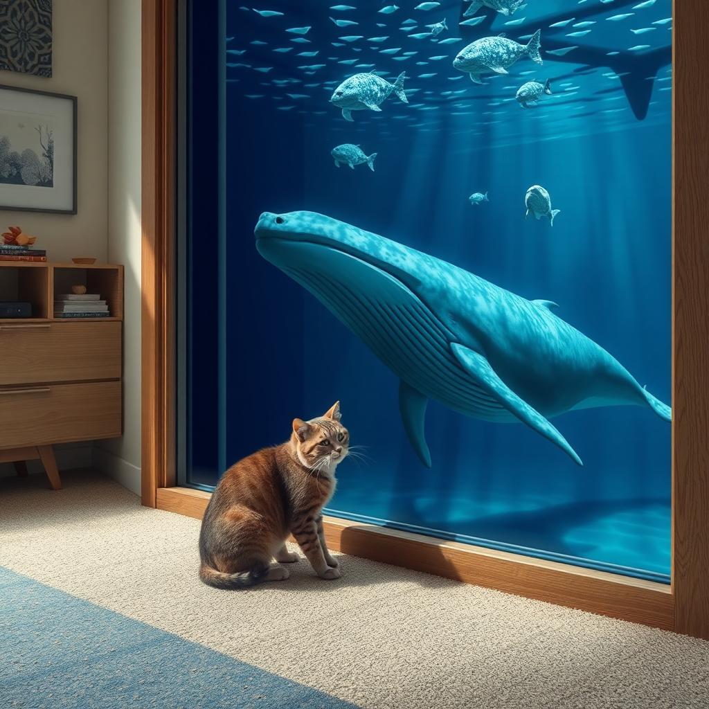 A cat and whale in the house.