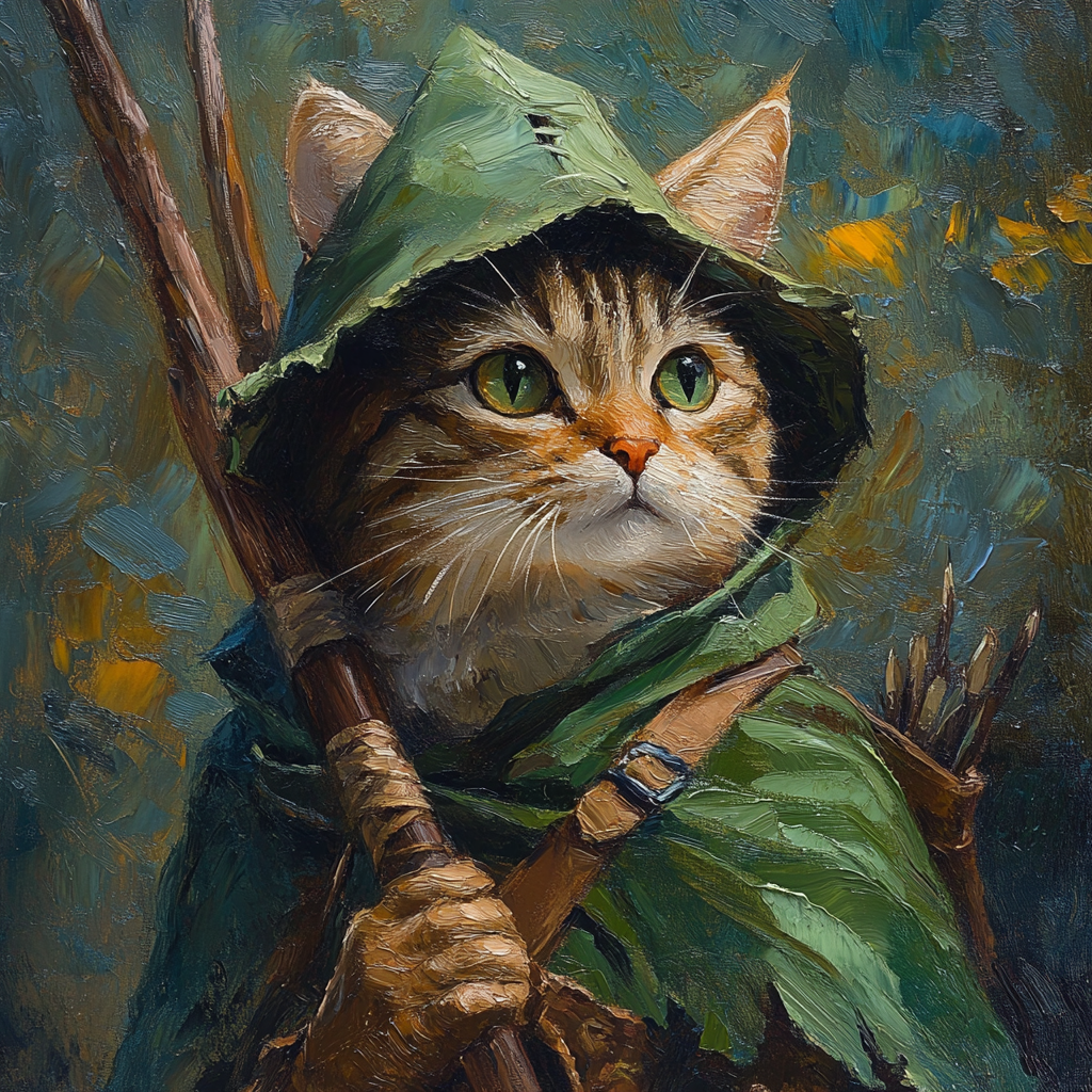 A cat dressed like Robin Hood with oil style.