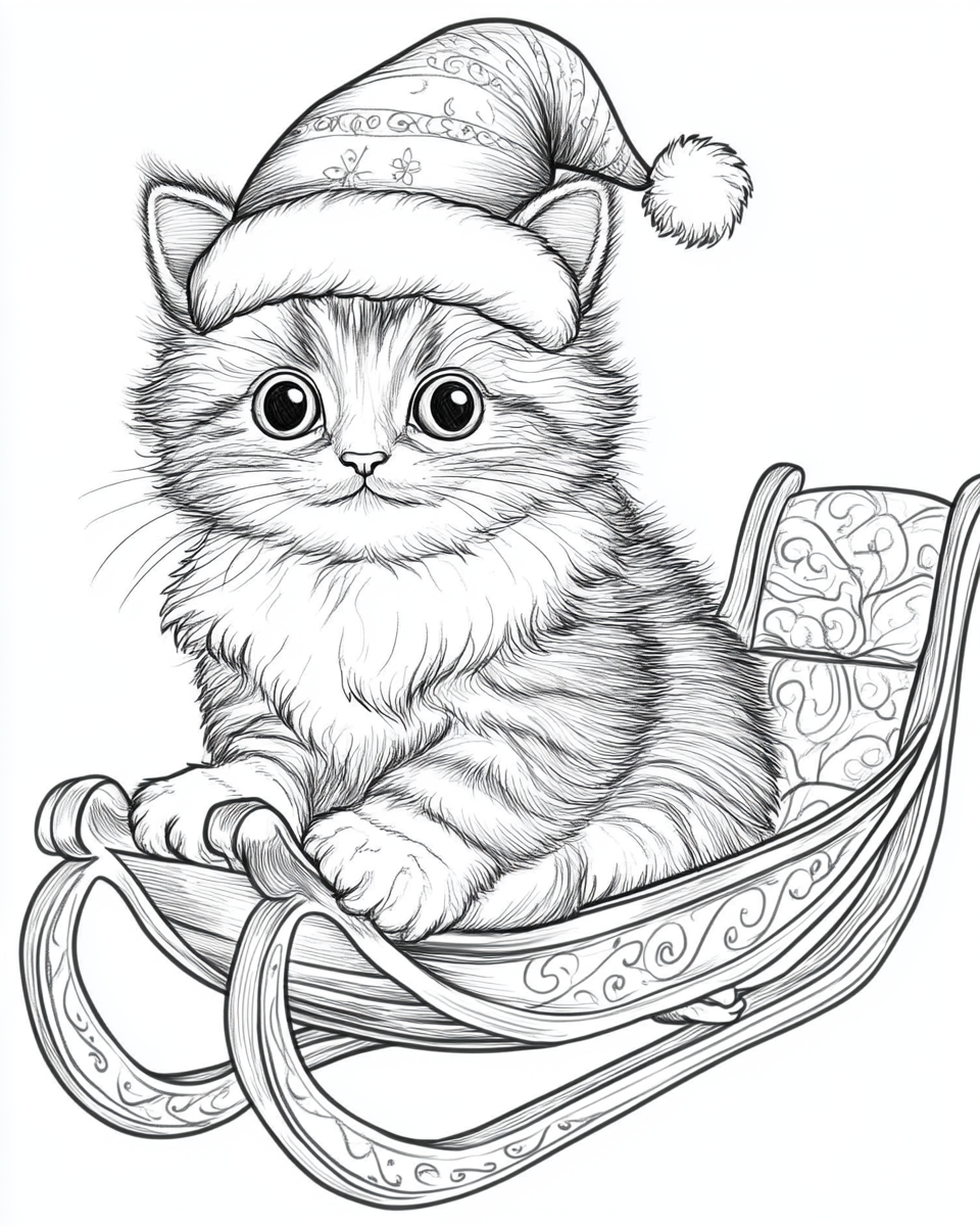 A cat in Santa's sleigh Coloring Page