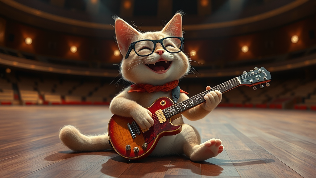 A cat musician with glasses laughs onstage.