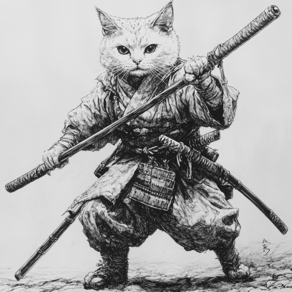 A cat warrior in traditional Japanese attire