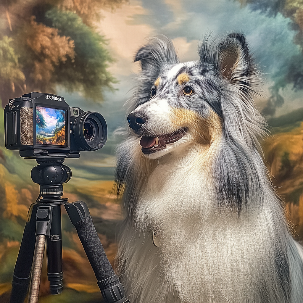 A cheerful Collie poses in magical Ghibli style