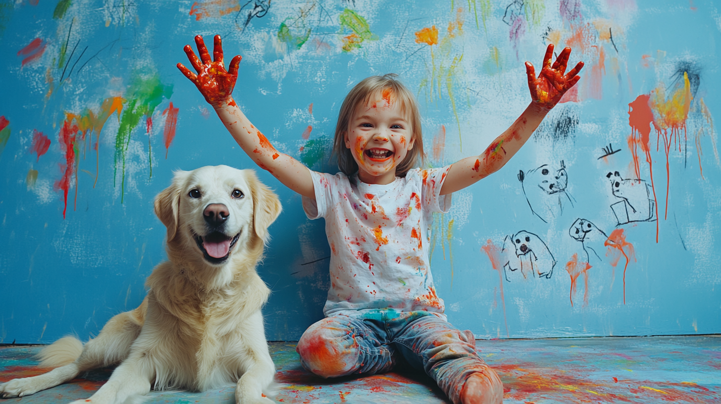 A child and a dog covered in paint