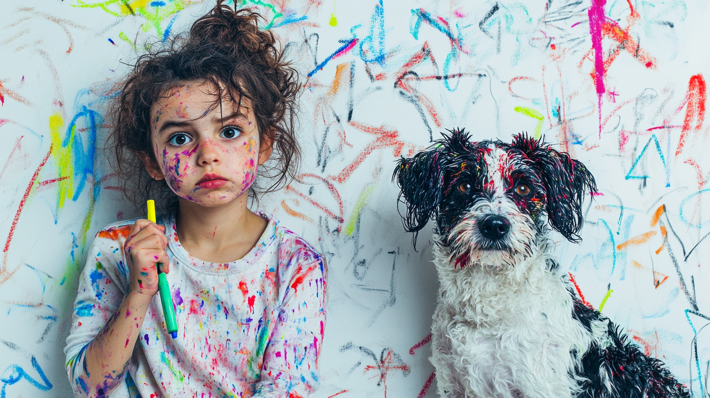 A child and dog in trouble over drawn walls