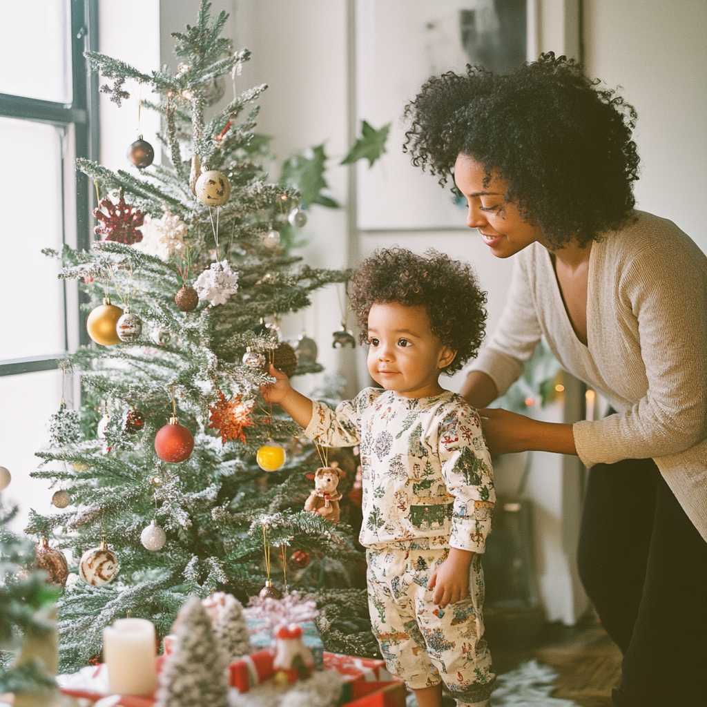 A child and their mother by Christmas tree