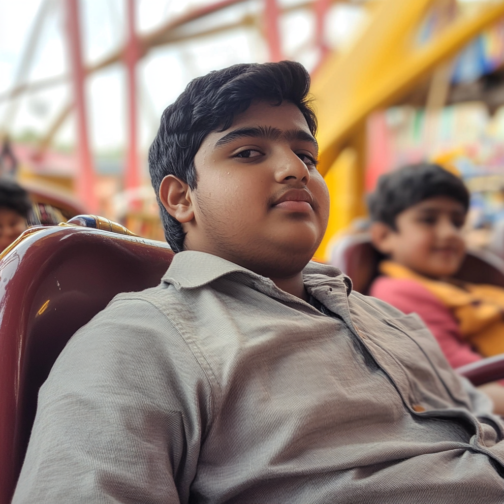 A chubby Indian boy on roller coaster ride