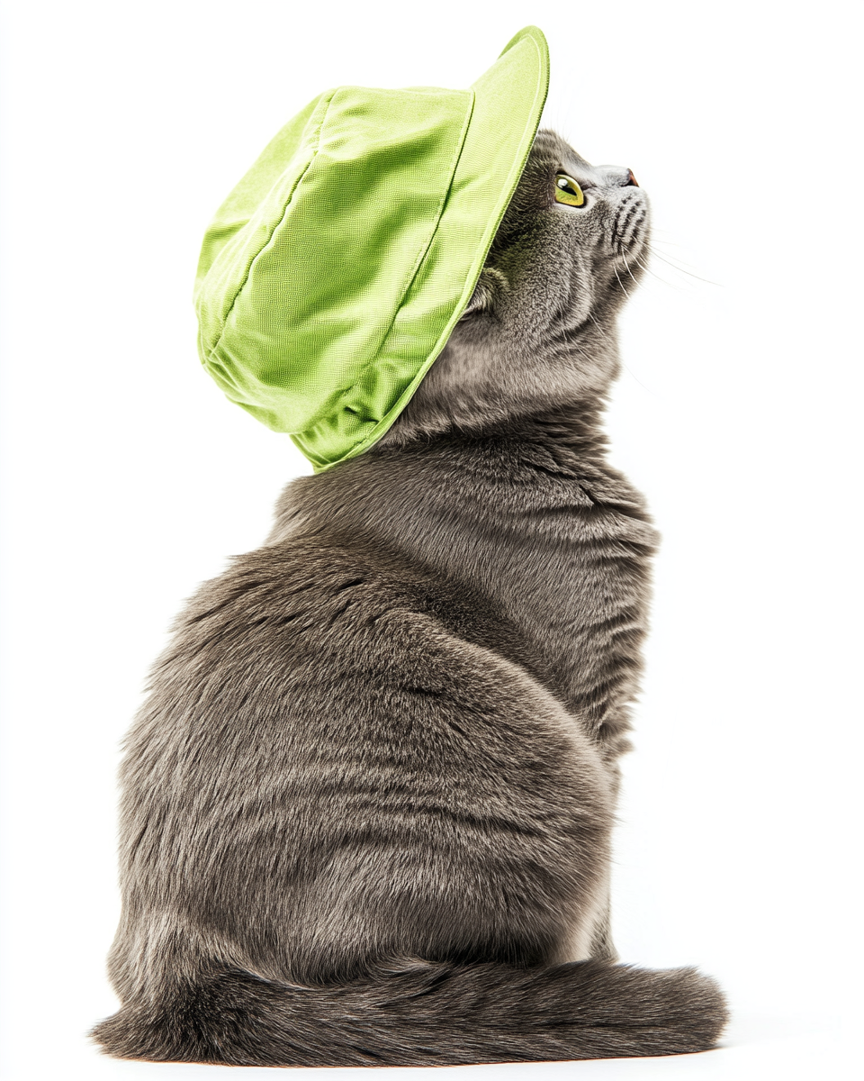 A chubby cat in a green hat smiling